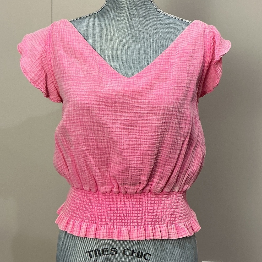 BiBi Pink Smocked V-Neck Blouse, flutter sleeve, smocked waist with peplum hem